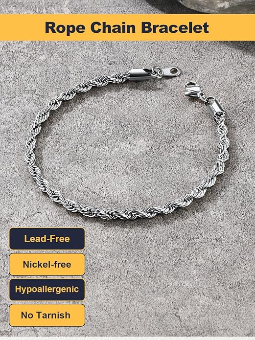 U7 Link Bracelets for Men, Cuban Link/Rope/Watch Band Solid Bracelet, Silver Black Gold Color Wrist Bracelet 3/6/9/12/15mm Width, 6.5/7.5/8.3 Inch Length, Hand Chain Jewelry for Mens Women