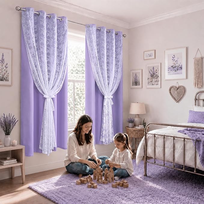 Yinhua Purple Blackout Curtains for Bedroom Double Layer Nursery Curtains for Living Room 63 Inch Length 2 Panels Set Kid Curtain with Floral Sheer Overlay, Grommet Drapes with Tiebacks, 52" W x 63" L