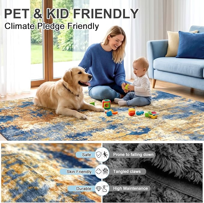 Abstract Washable Area Rug, 6'x9', Navy & Gold | 0.3" Low Pile Carpet, 100% Cotton-Backed, Non-Slip Silicone Backing, Stain & Water Resistant, Pet & Kid Friendly