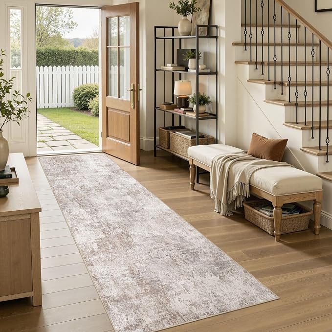 Washable Runner Rug 3x8, Non Slip Neutral Area Rug for Hallway | Modern Abstract Carpet, Stain Resistant and Kid & Pet Friendly, Made for Kitchen, Entryway, Laundry, Kitchen, Indoor - Brown