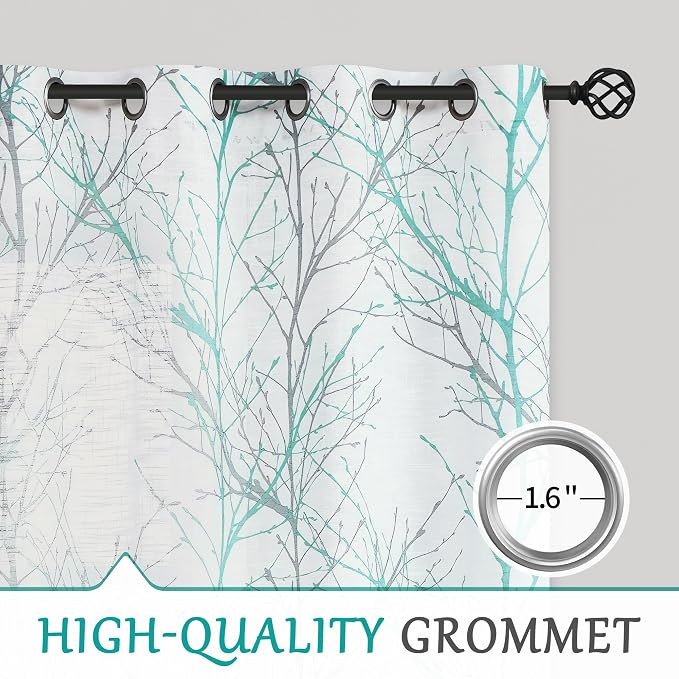 FMFUNCTEX Linen Aqua Blue White Semi Sheer Print Curtains 96 Inch 2 Panels | Branch Sheer Patterned Drapes, Light Filtering Grommet Panels for Bedroom, Living Room, Basement, and Farmhouse Curtain
