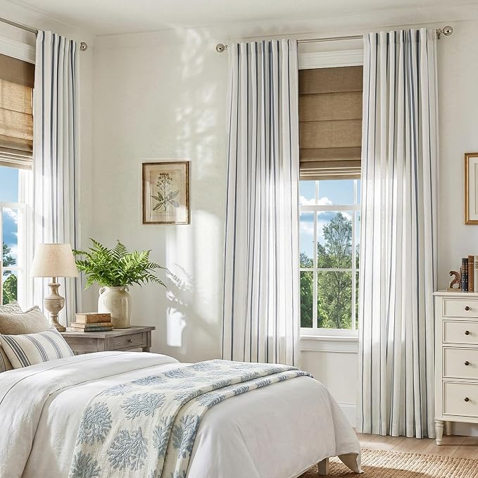 Vangao Striped Curtains Blue on White Semi Sheer Curtains 84 Inches Long for Living Room Bedroom Modern Farmhouse Linen Textured Light Filtering Drapes 2 Panels Blue W50 x L84 Inch