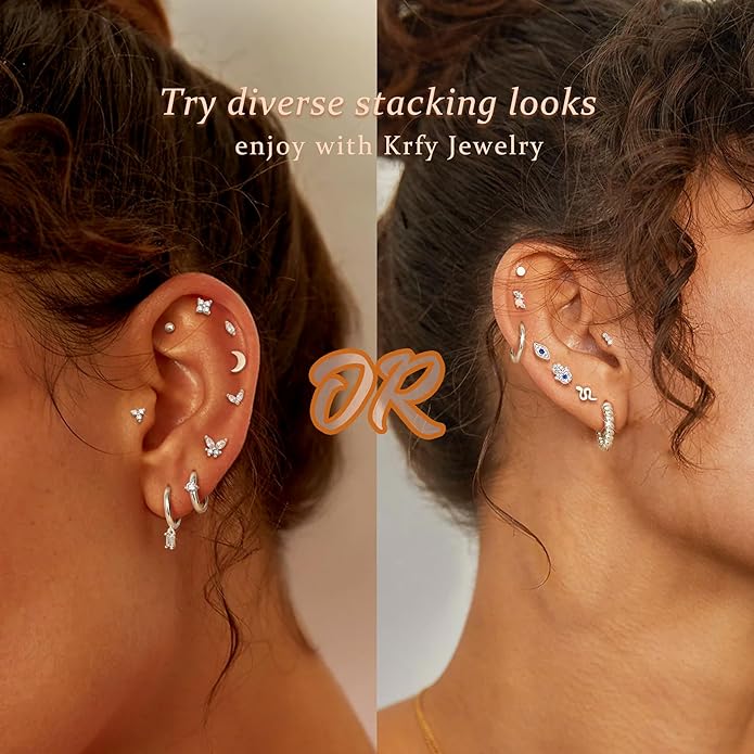 KRFY 25Pcs/17 Pairs Hypoallergenic Surgical Steel Earrings for Sensitive Ears 14K Gold Plated Flat Back Cartilage Earrings for Women Men Screw Back Flatback Stud Hoop Earring Set for Multiple Piercing