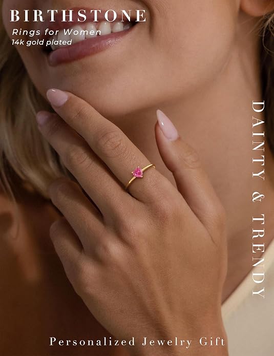 WFYOU Gold Heart Birthstone Rings for Women 14K Gold Plated Non Tarnish Stackable Pinky Cubic Zirconia Rings Emerald Dainty Gemstone Thumb Ring Band Cute Jewelry Birthday Gift Size 5-10