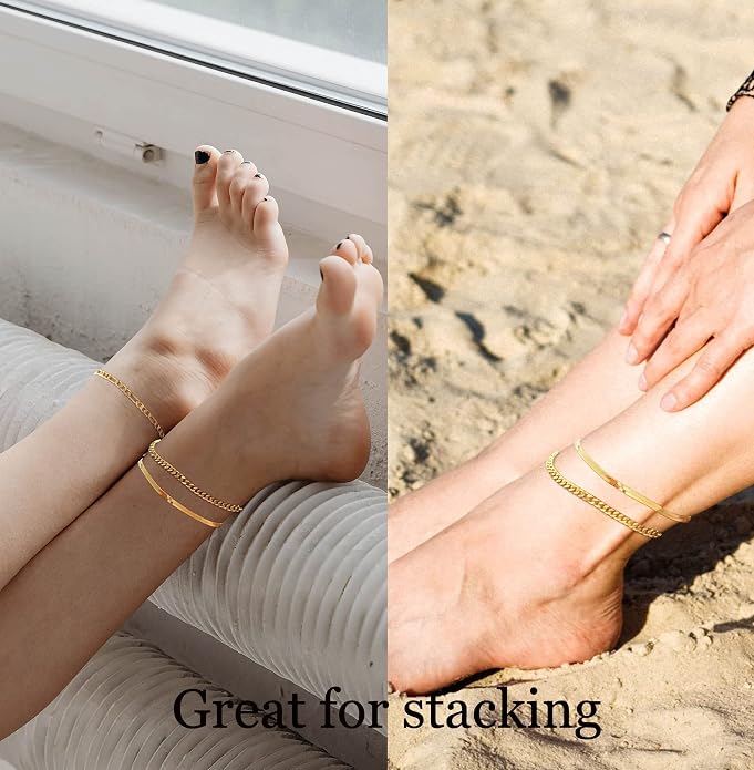 DEARMAY Gold Anklets for Women Waterproof, Non Tarnish14K Gold Plated Ankle Bracelets Set Stack, Summer Beach Jewelry Gifts for Vacation, Bikini Outfits for Women Mom Her