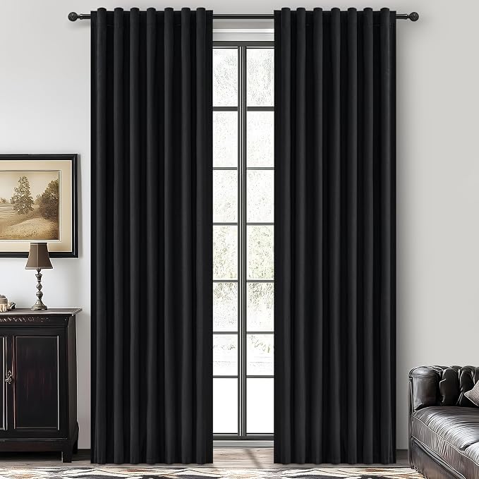 QJmydeco 100% Blackout 100 Inch Long Black Curtains for Bedroom 2 Panels Set, Modern Pleated Lush Decor Curtain Rod Pocket Black Boho Insulated Soundproof Large Window Heavy Linen Drape 50" Wx100 L