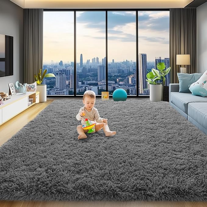 qulint Living Room Area Rug 8x10, Dark Grey Fluffy Large Rug for Bedroom | Shag Shaggy Grey Carpet for Boys Room, Fuzzy Plush Modern Alfombras for Dorm Nursery Classroom Home Decor
