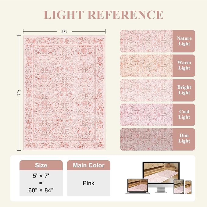 DUKINO 5x7 Area Rugs, Vintage Floral Washable Rug for Living Room, Pink | Non Slip, Low Pile, Soft, Lightweight, Boho Indoor Carpet for Bedroom, Office, Dining Room, Dorm Room, Farmhouse, Home Decor