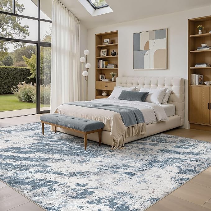 DMOYEST 10x12 Washable Area Rug: Abstract Modern Non-Slip Carpet, Soft Low Pile Indoor Neutral Easy Clean Floor Rugs for Living Room Bedroom Dining Room Kids & Pets - Blue