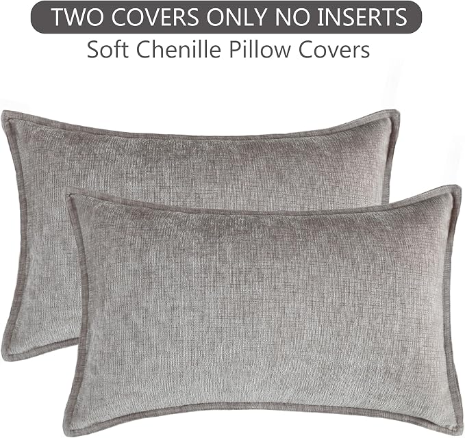 Stellhome Lumbar Chenille Throw Pillow Covers Set of 2 Super Soft Textured Decorative Pillow Covers Accent Solid Cushion Cover for Couch Sofa Bedroom Living Room 12x20 Inch, Crey