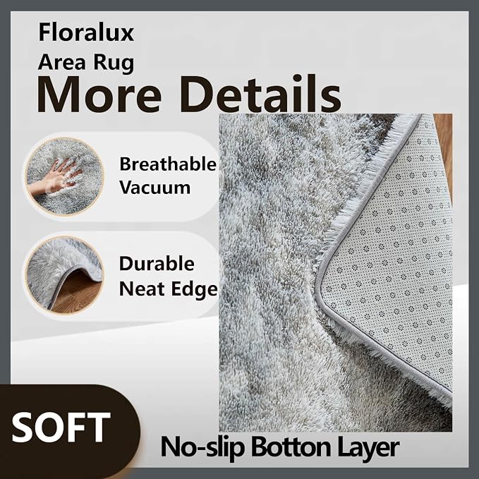 Floralux 4x6 Shag Rug, Tie-Dye Light Grey, Modern Fluffy Rugs for Bedroom, Soft Plush Carpet for Living Room, Nursery Kids Room, Home Dorm Decor Aesthetic, Area Rugs
