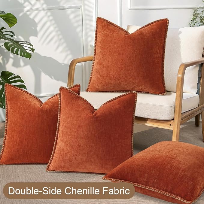 decorUhome Fall Soft Decorative Chenille Throw Pillow Covers 16x16 Set of 4 | Burnt Orange Decorative Modern Farmhouse Neutral Pillow Cases with Stitched Edge for Couch Sofa Bed Living Room Home Decor