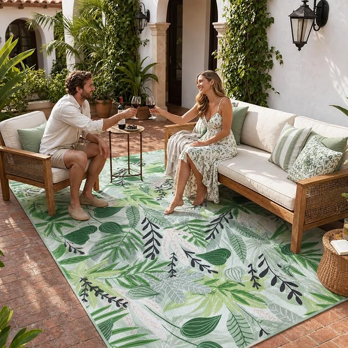 Lahome Leaf Indoor Outdoor Rug, 5x8ft Non Slip Outdoor Patio Rug for Balcony Deck, Portable Outdoor Carpet for Camping Picnic Backyard, Breathable RV Mat Outdoor Rugs for Living Room Bedroom,Green