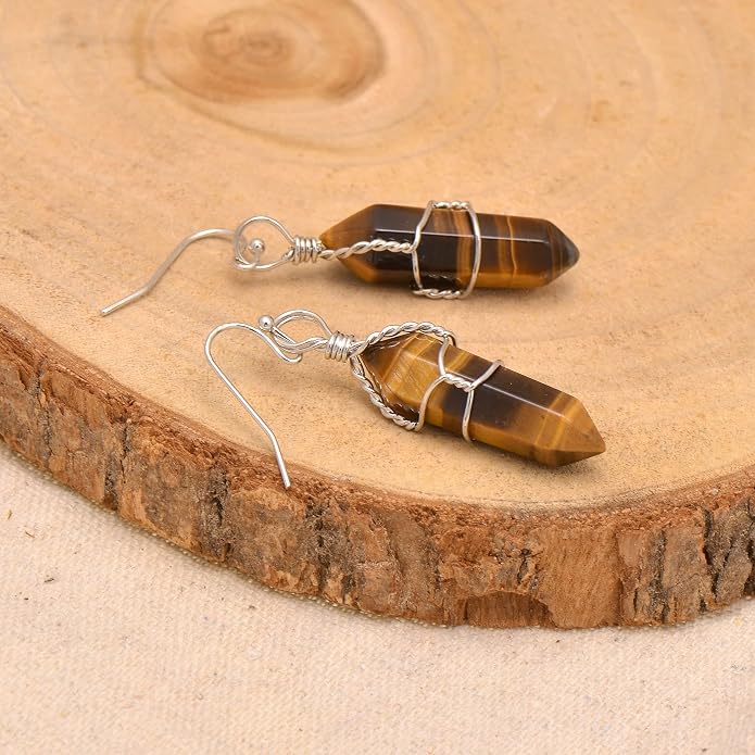 Polished Stone Wire Wrapped Point Crystal Earrings for Women Reiki Energy Healing