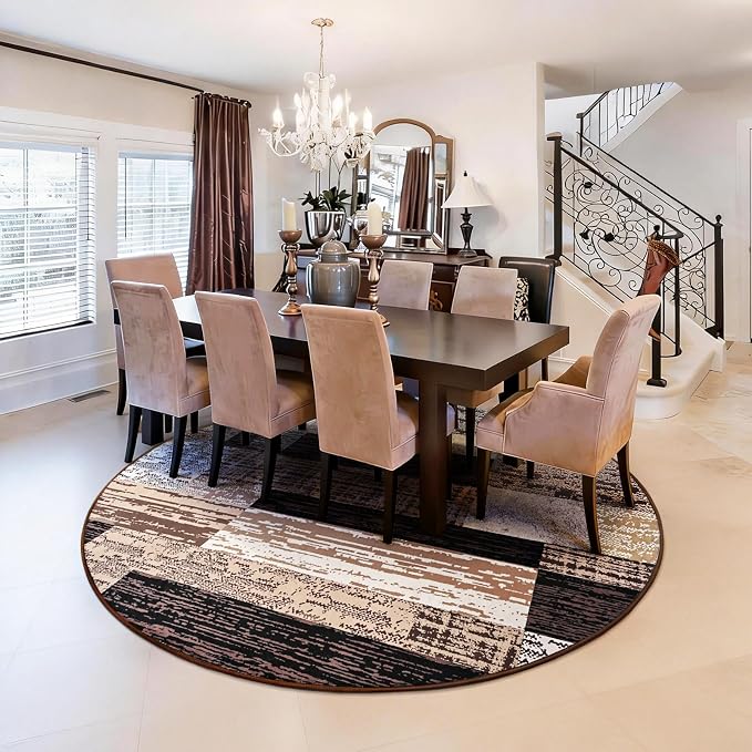 FlyDOIT Modern Round Area Rug for Living Room, 4Ft Washable Round Rug Chocolate Geometric Patchwork Circle Rugs for Dining Room Table, Small Circular Floor Carpet for Bedroom Home Office