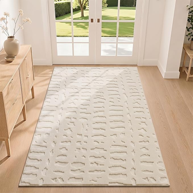Yamaziot 3x5 Washable Area Rug, High-Low Grid Textured Bedroom Rugs, Soft Fluffy Non-Slip Mats Stain Resistant Contemporary Boho Carpet for Bathroom, Entryway, Office