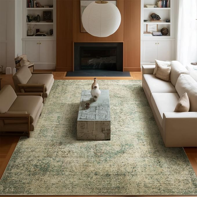 Machine Washable Rugs for Living Room: 8x10 Area Rugs for Bedroom Ultra Soft Non-Slip Low Pile Vintage Distress Boho Large Carpet for High-Traffic Dining Room - Farmhouse Decor