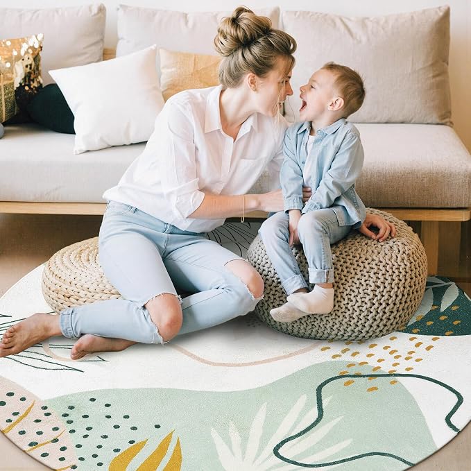 Lahome Green Washable Round Rug - 7Ft Round Area Rug for Living Room Throw Soft Boho Round Rug Large Non-Slip Round Dining Room Rug, Botanical Print Floor Round Carpet for Bedroom Office (Pink,7'x7')