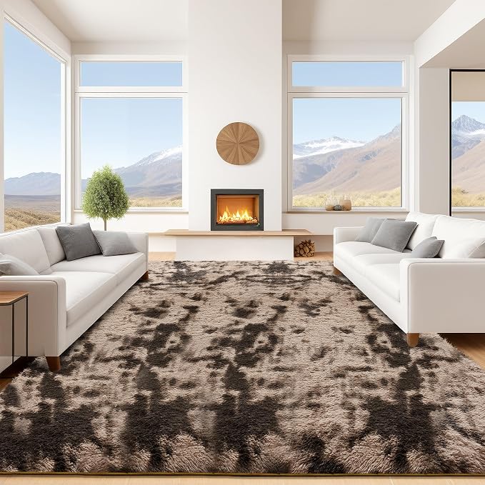 9x12 Tie-Dyed Brown Fluffy Shag Area Rugs for Living Room Bedroom | Ultra Soft Comfy, Large Fuzzy Shaggy Plush Carpet for Kids Boys Girls Teen Dorm, Modern Indoor Home Decor, Upgrade Non-Slip