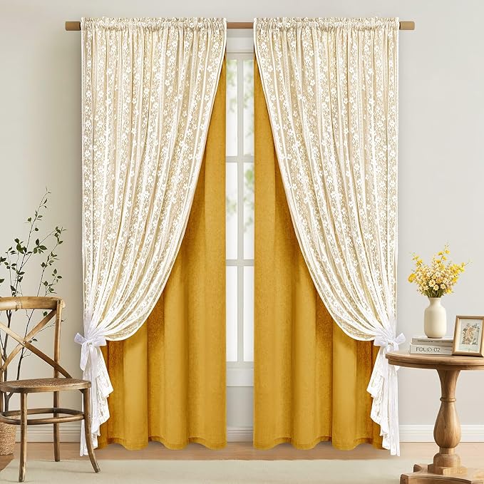 ASPMIZ Linen Curtains for Living Room Double Layer Curtains with Linen Lace, Mustard Yellow Bedroom Curtain Light Filtering, Rod Pocket Drapes 84 Inch Length 2 Panels Set with 2 Tiebacks, 52x84
