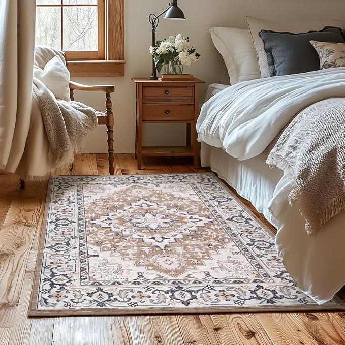 Lessymo 3 x 5 Area Rugs for Living Room- Machine Washable Area Rugs Boho Faux Wool Low Pile Area Rug for Bedroom Floral Medallion Vintage Rugs with Non-Slip Rubber, Kid & Pet Friendly,Brown Beige
