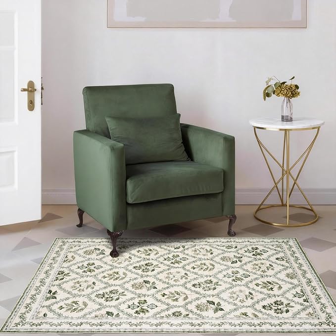 Green and Beige Rugs 4x6 Nursery Area Rugs Washable for Living Room, Christmas Faux Wool Soft Floral Boho Vintage Indoor Carpet for Bedroom, Dark Emerald Olive Green Flower and Leaf
