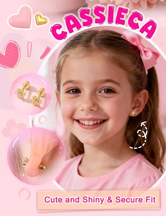 CASSIECA Hypoallergenic Earrings for Girls Kids Women Screw Back Surgical Stainless Steel CZ Heart Stud for Sensitive Ears Cute Jewelry Gift 20G
