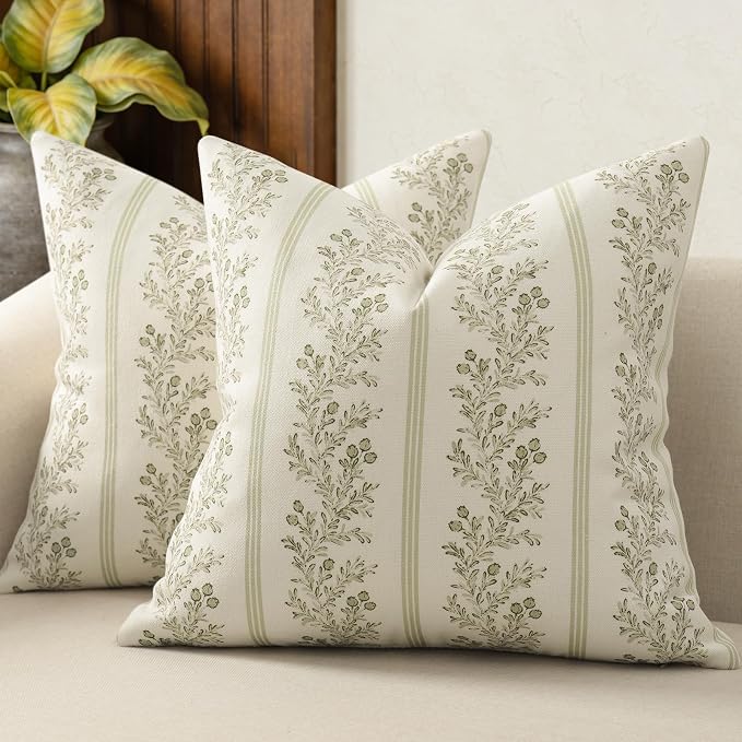Vintage Throw Pillow Covers 22x22 Set of 2, Striped Floral Pillow Cover Botanical Patterned Decorative Cushion Covers Modern Farmhouse Home Decor for Sofa Couch Bed Living Room, Sage