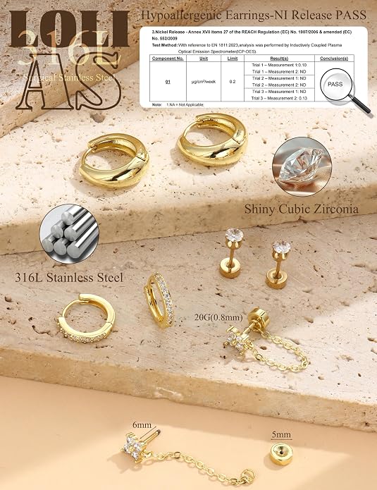 LOLIAS Flat Back Earrings for Women Hypoallergenic Surgical Steel Earrings for Sensitive Ears-20G Cartilage Earring Stacks 14K Gold Plated Hoops Flatback Stud Earring Sets for Multiple Piercing