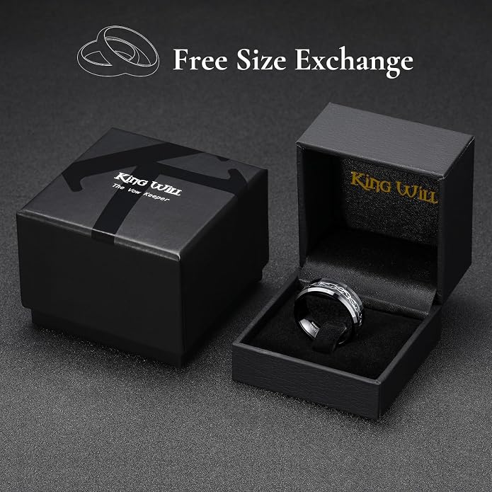 King Will Mens 8mm Black Silver Tungsten Rings, Men's Wedding Rings Fishing Line Inlay Beveled Edge Ring for Men Women, Comfort Fit, Durable