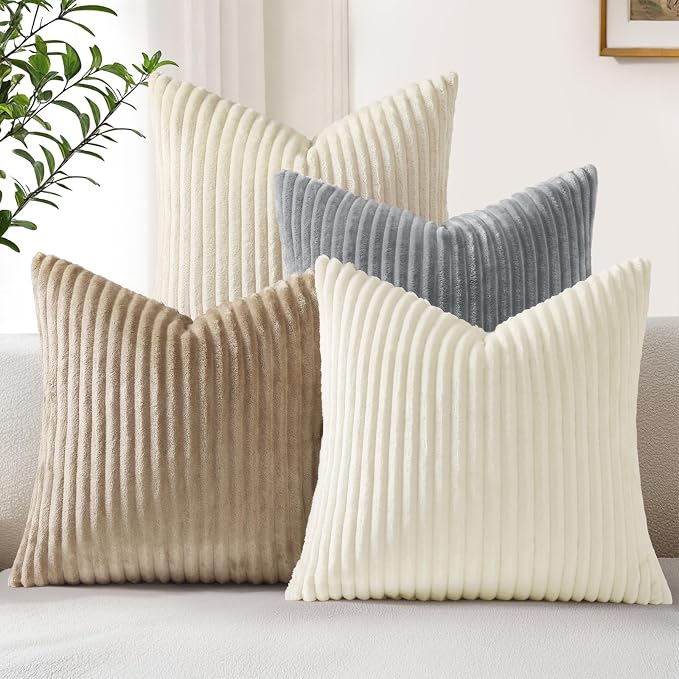 decorUhome Flannel Beige White Throw Pillow Covers 18X18 Set of 4 | Decorative Fall Soft Fluffy Striped Double-Sided Couch Pillow Covers, Modern Farmhouse Pillow Cases for Sofa bed Home Decor