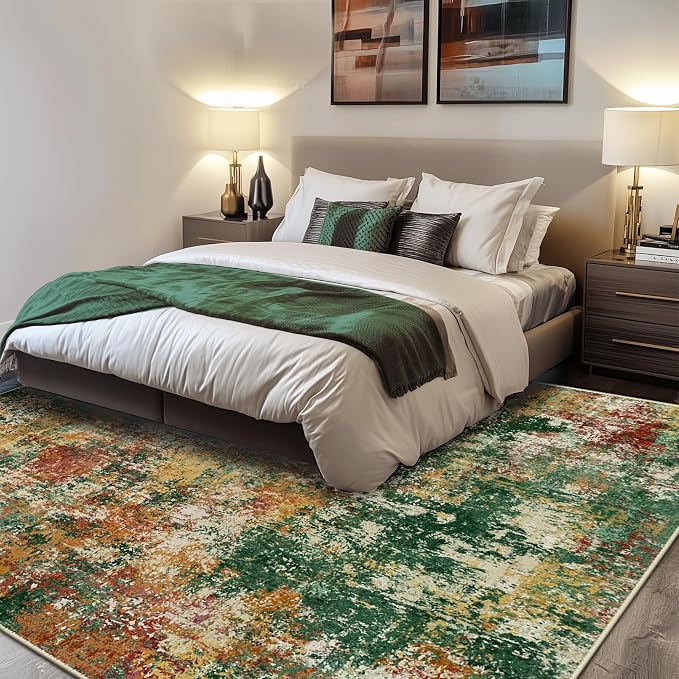 RELEANY Washable Area Rugs 8'x10' Non-Slip Modern Abstract Soft for Living Room Entryway Bedroom Kitchen, Print Pattern, Green Orange Rust Red Cream Colorful