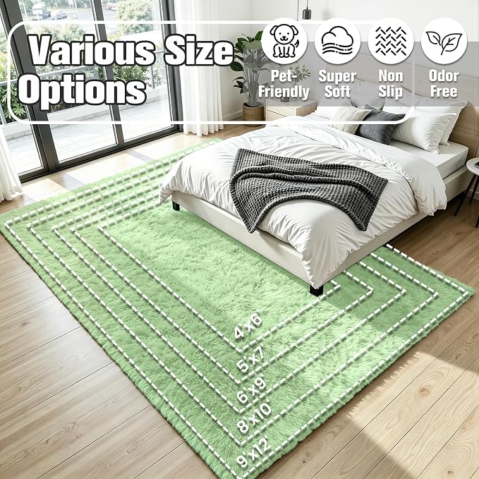8x10 Area Rug for Living Room, Ultra Soft Fluffy Light Green Rugs for Bedroom, Non Slip Large Shag Carpet, Fuzzy Plush Nursery Rug, Thick Washable Indoor Floor Carpets for Kids Office Dorm Home Decor