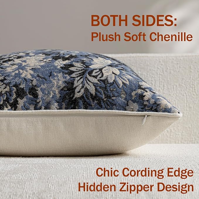 DEZENE Pack of 2 Vintage Floral Euro Sham Covers 24x24 Boho Farmhouse Accents Chenille Square Decorative Throw Pillow Cases for Living Room Couch Bed Home Decor, Dusty Blue