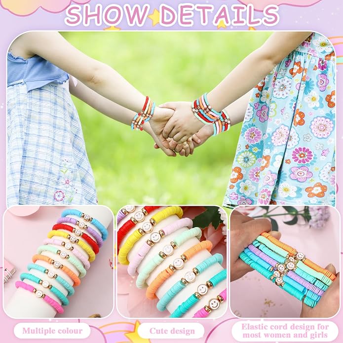 Equsion 100 Pcs Preppy Friendship Bracelets for Women Heishi Surfer Clay Stackable Bead Easter Boho Y2k Bracelets Gifts