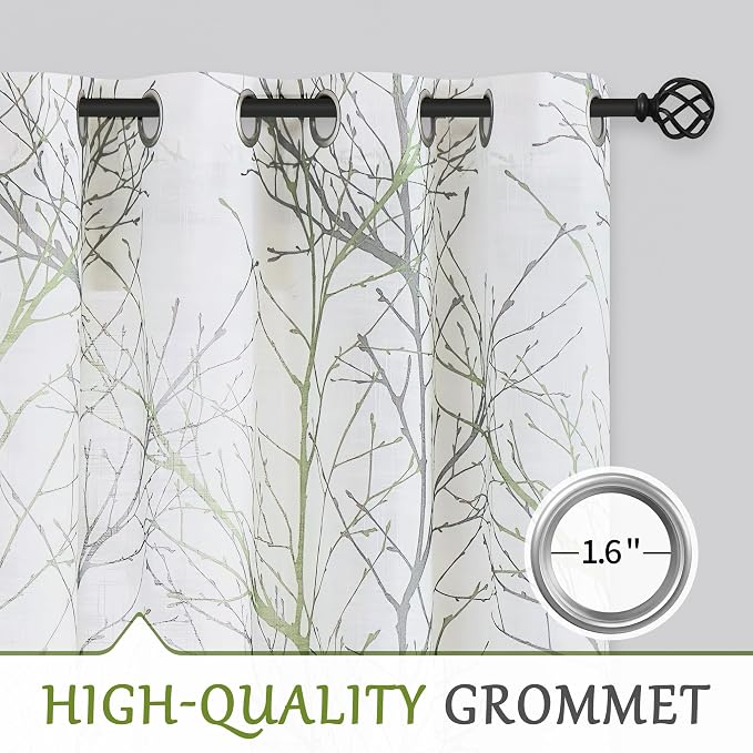 FMFUNCTEX Linen Green Gray Semi Sheer Patio Curtains 96 Inch Long 1 Panel | Extra Wide Sheer Patterned Patio Door Drapes, Tree Branch Print, Grommet Top for Sliding Doors and Airy Farmhouse Privacy