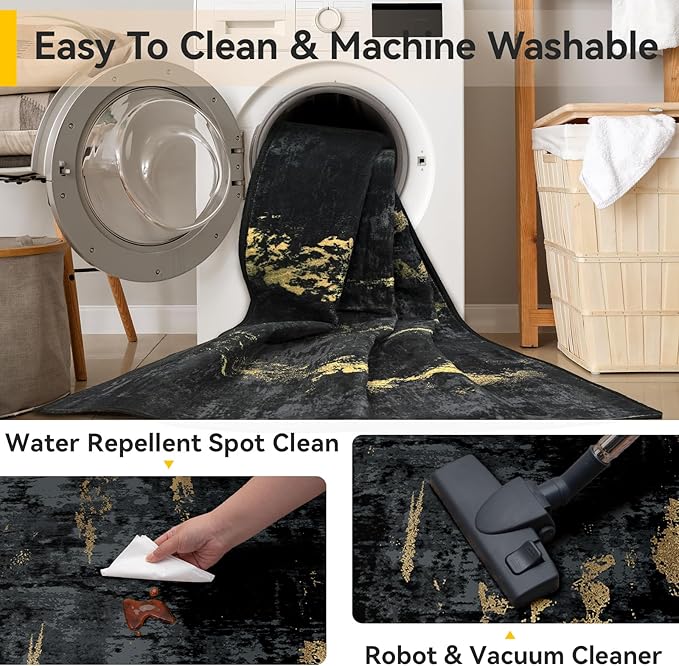 RELEANY Washable Area Rugs 2'x3' Non-Slip Modern Abstract Soft for Living Room Entryway Bedroom Kitchen, Print Pattern, Dark Black Gold