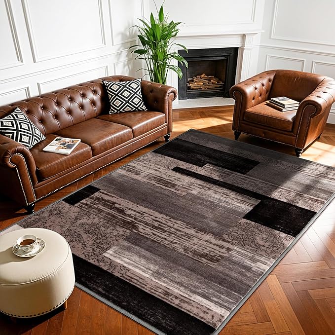 LIANLAM 3x5 Washable Area Rugs for Living Room and Bedroom(3x5,Chocolate) | Non-Slip Small Carpet,Vintage Checkered Pattern, Stain Resistant Faux Wool Low Pile Soft Rug for Dining Room,Office,Nursery