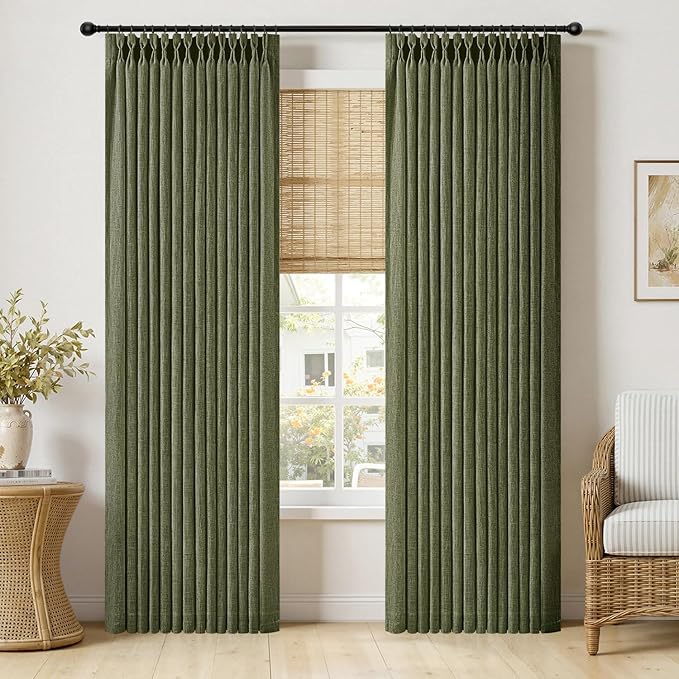 MIULEE Olive Green Pinch Pleated Linen Curtains 96 Inches Long 2 Panels for Living Room Bedroom, Linen Texture Memory Trained Drapes Back Tab Semi Sheer Moss Green Window Curtains with Hooks&Rings