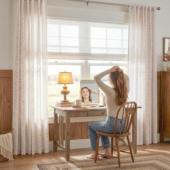 Lazzzy Cathy Linen Floral Curtains for Living Room Terracotta Curtains for Bedroom Farmhouse Drapes 84 Inches Length 2 Panels Back Tab W50 x L84 Terracotta on Linen