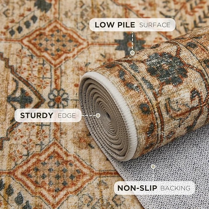 Joydeco 6x9 Area Rugs for Living Room Vintage, Tan | Non Slip Machine Washable Low Pile for Bedroom Dining Room Home Office Pet & Child Friendly