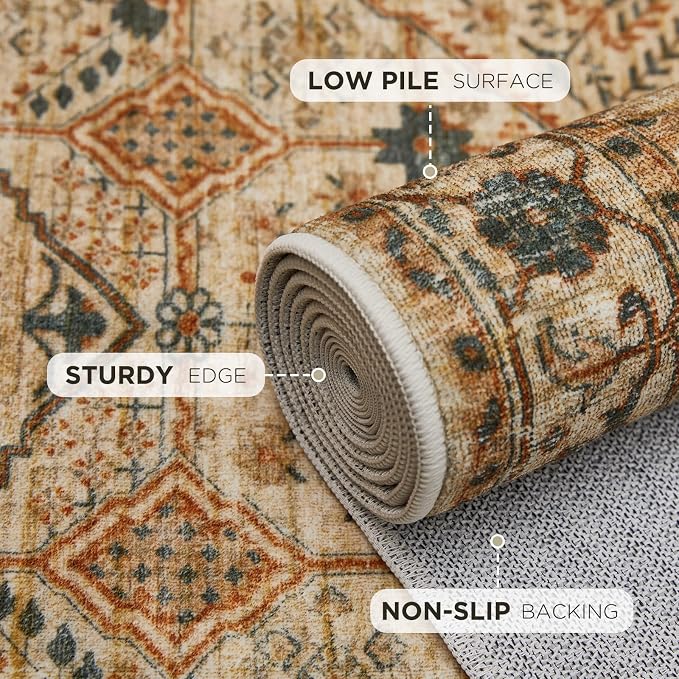 Joydeco 4x6 Area Rugs for Living Room, Non Slip Machine Washable Vintage Rug, Low Pile Chenille Print Rugs for Bedroom, Dining Room, Home Office, Pet & Child Friendly, Tan