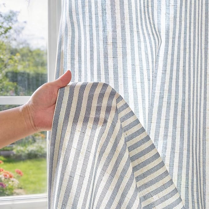 jinchan Linen Curtains 84 Inch Blue Stripe on Beige Back Tab 4 Panels | Curtains For Living Room Bedroom,Ticking Stripe Pattern, Farmhouse Cottage Core Rustic,Window Treatment,Light Filtering