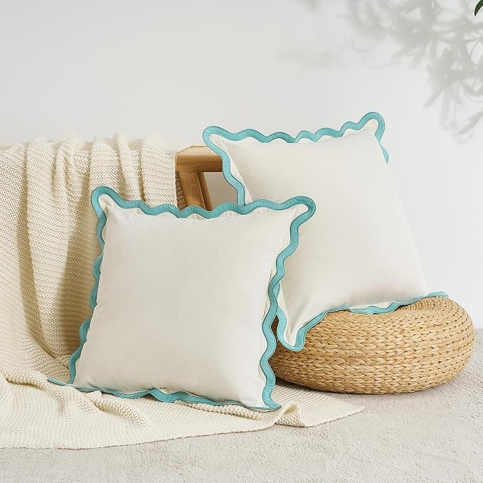 MONDAY MOOSE Decorative Throw Pillow Covers Cushion Cases, Set of 2 Soft Velvet Scalloped Wavy Edge Designs, Mix and Match for Home Decor, Pillow Inserts Not Included (20x20 inch, White/Light Blue)