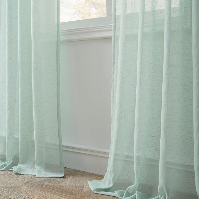 FMFUNCTEX Grey Flax Linen Sheer Curtains 63 Inch Long Rod Pocket 2 Panels | Semi Sheer Window Drapes Grey for Bedroom and Living Room, Farmhouse French Window Curtain Privacy