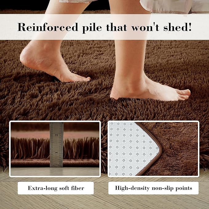 Fluffy Rug Shag Area Rug, Brown 3x5 Area Rugs for Bedroom, Small Bedside Rug, Soft Fluffy Shag Entryway Throw Rugs for Living Room Bedroom Room Home Decor