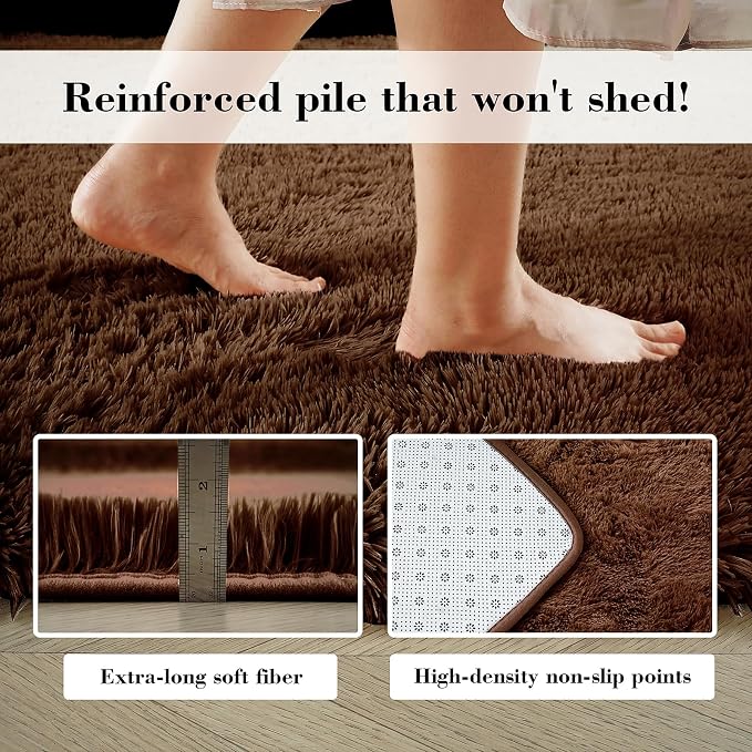 Fluffy Rug Shag Area Rug, Brown 4x6 Area Rugs for Bedroom, Small Bedside Rug, Soft Fluffy Shag Entryway Throw Rugs for Living Room Bedroom Room Home Decor