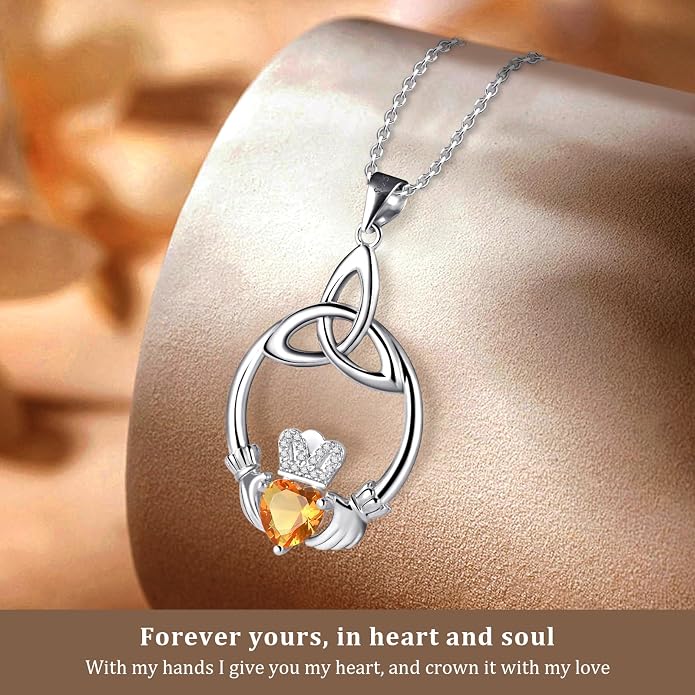 Gift Birthstone Necklaces for Women 925 Sterling Silver Irish Claddagh Necklace for Women Heart Birthstone Pendant Necklace Anniversary Birthday Gifts for Wife Lady Cable Chain 18"+2"