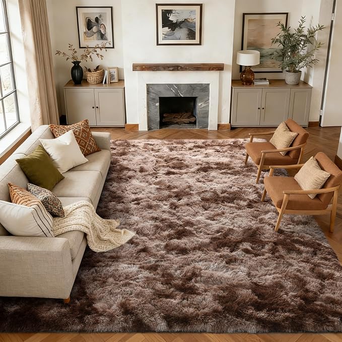9x12 Extra Large Area Rugs for Living Room, Shaggy Non-Slip Tie-Dyed Rugs for Bedroom Kids Playroom Dorm Room, High Pile Ultra Soft Carpet, Brown
