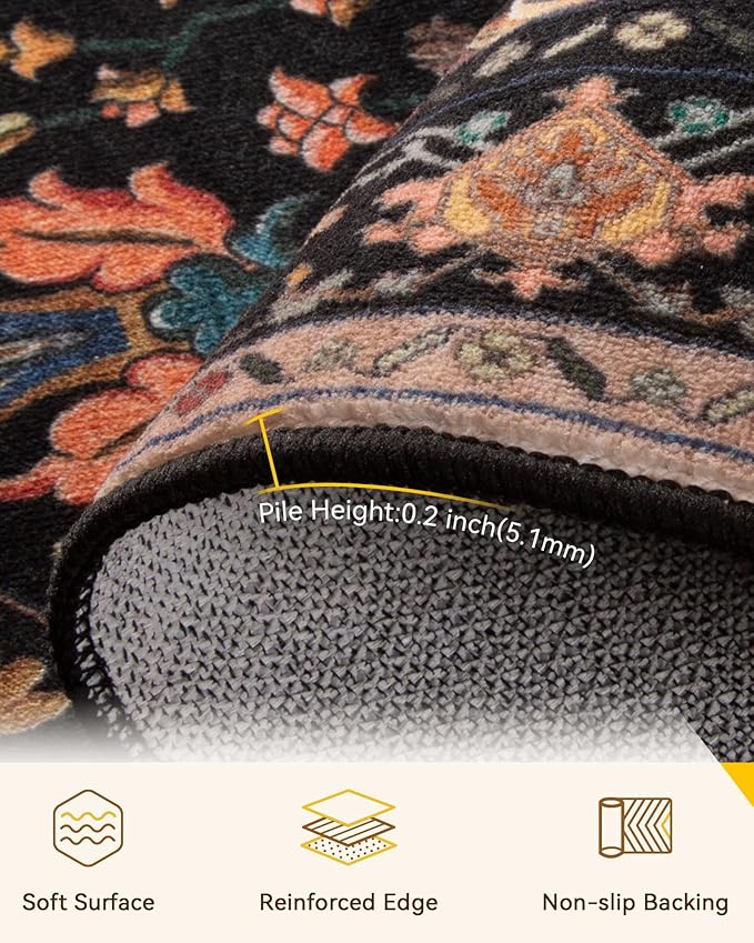 RELEANY Area Rugs Large 10'x14' Washable Non-Slip, Floral Vintage Distress Medallion Carpet for Living Room Bedroom Dining Room, Black Colorful Floral Dark Tan
